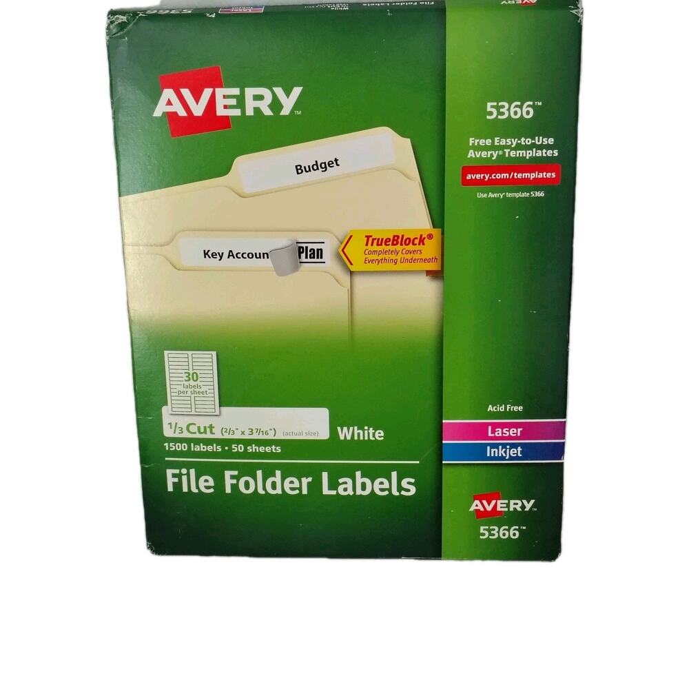 Avery TrueBlock #5366 Laser InkJet White Filing Labels 1/3 Cut 1500 Labels Pack
